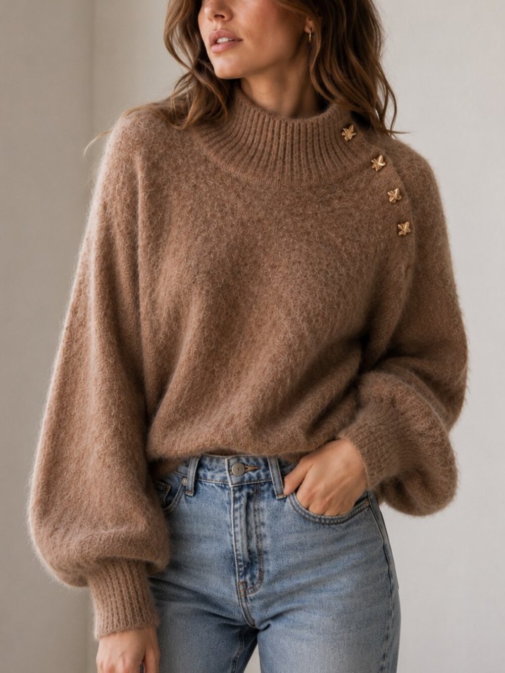 SAYLOR Marney Fuzzy Knit Turtleneck Balloon Sleeve Sweater